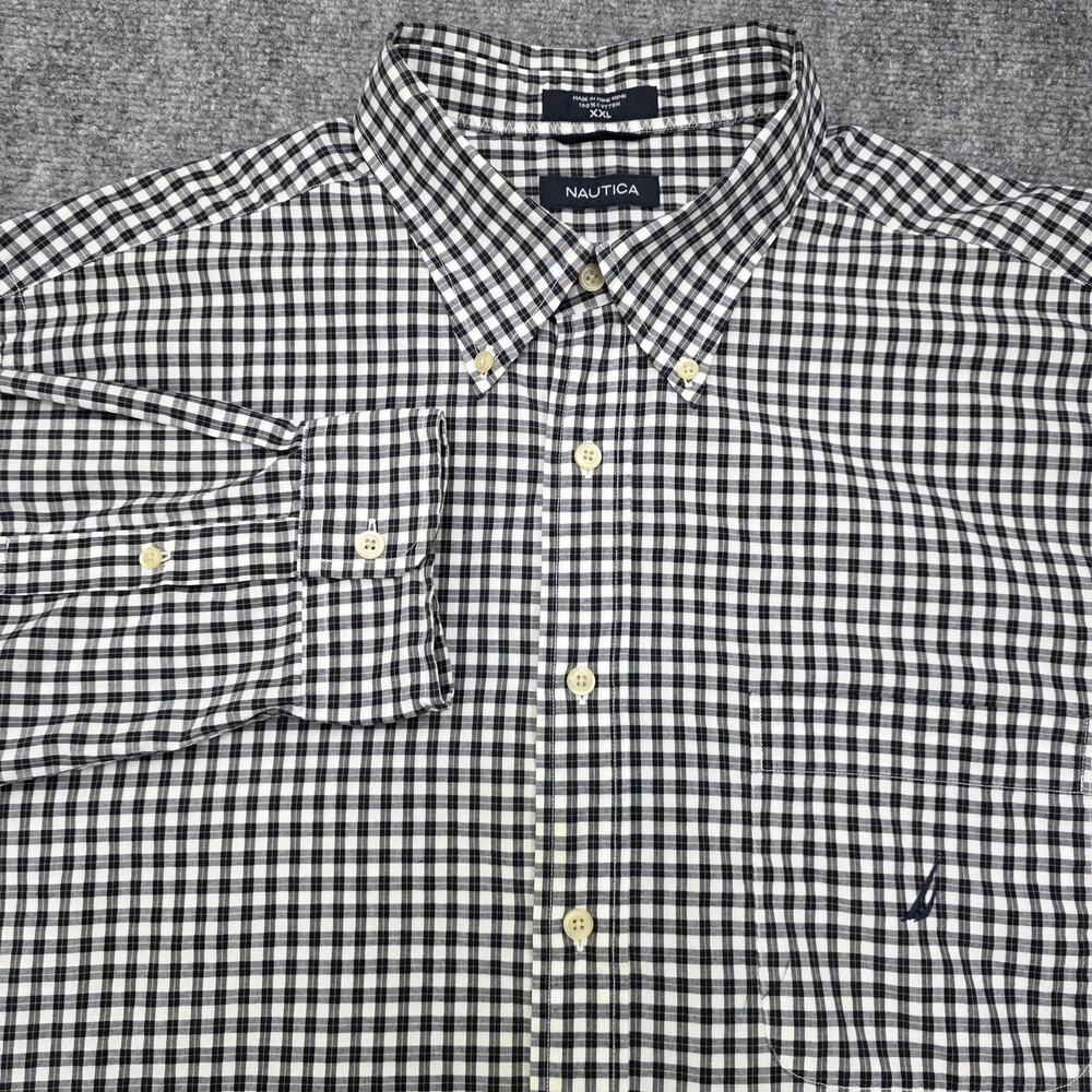 Nautica Shirt Mens 2XL Black White Check Plaid Button Down Long Sleeve Cotton